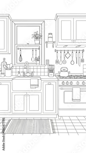 Clean Outline Drawing of a Contemporary Kitchen Design, Showcasing Appliances, Cabinetry, and Home Decor