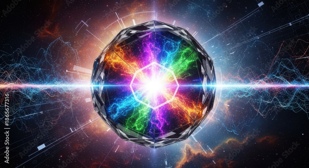 Obraz premium Close up Bright colorful crystal ball with flowing particles in the space