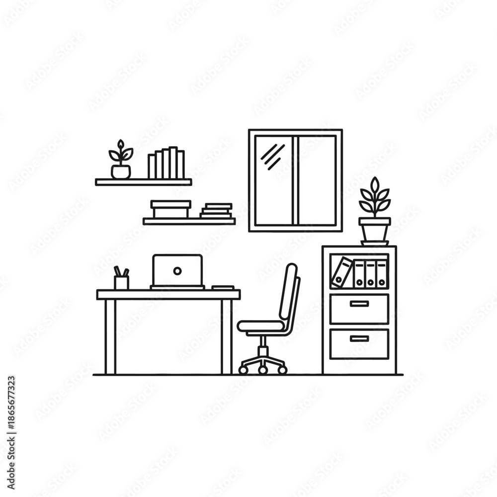 Fototapeta premium Minimalist Home Office Workspace with Desk Chair and Shelves