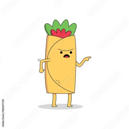 Cute burrito cartoon character angry and pointing finger doodle