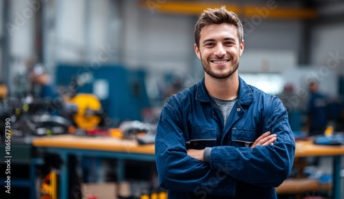 Smiling young man with light brown hair and a beard, wearing a blue work jacket, standing confidently in a workshop environment with tools and equipment in the background