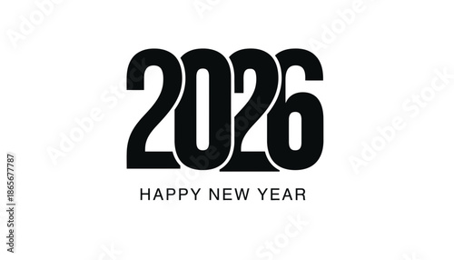 A black and white graphic celebrating the year 2026 with a happy new year message