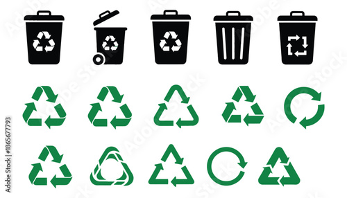 A collection of recycling symbols and trash cans on a white background