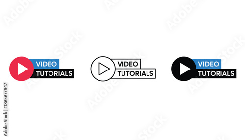 Three different video tutorial logos on a white background