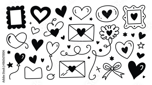 Black and white valentine's day themed heart illustrations with envelopes, frames, and stars on white background