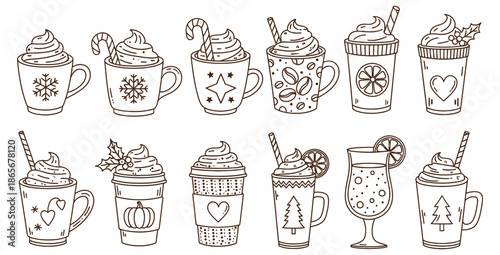 Collection of charming hand drawn doodle icons featuring various festive and seasonal beverages decorated with whipped cream candy canes and holiday motifs