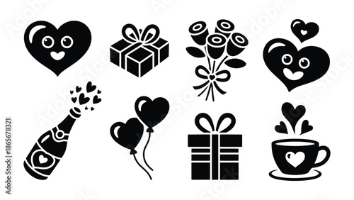 Black valentine's day icons including hearts, gifts, flowers, champagne, and coffee on white background for love