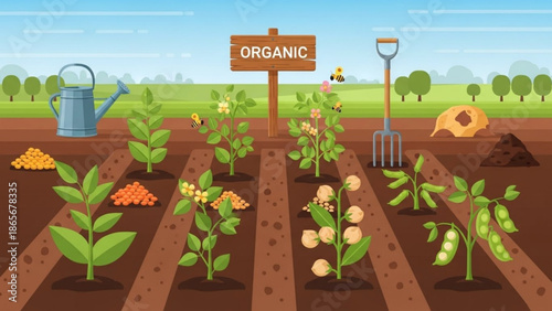 Organic garden with rows of growing plants watering can and gardening tools illustration for agriculture and healthy food concepts