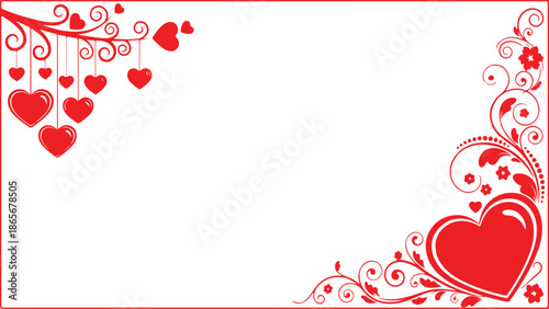 Valentine's day celebration background with hanging hearts and floral design elements on white
