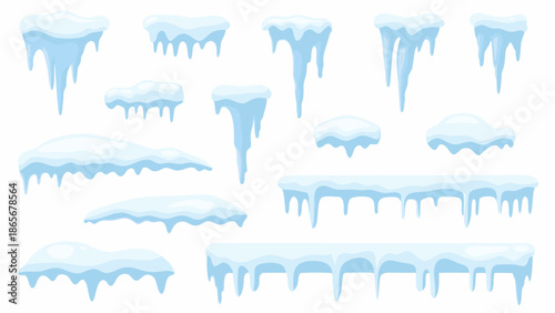 a collection of blue icicles and snow drifts on white background