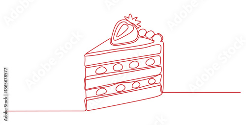 Minimalist continuous line art drawing depicting a delicious layered slice of strawberry shortcake with cream filling and decorative circles signifying sweetness and celebration moments.