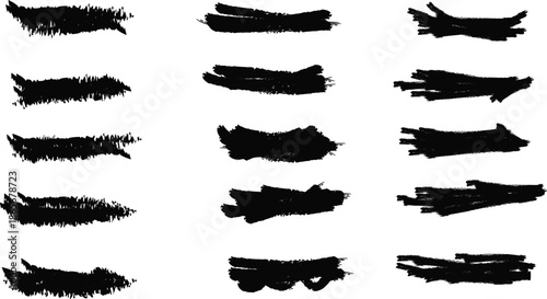 A collection of abstract black brush strokes arranged in a grid showcasing dynamic textures and artistic expression