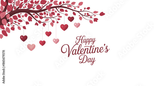Happy valentine's day greeting card with hanging hearts on tree branch with Valentine s Day