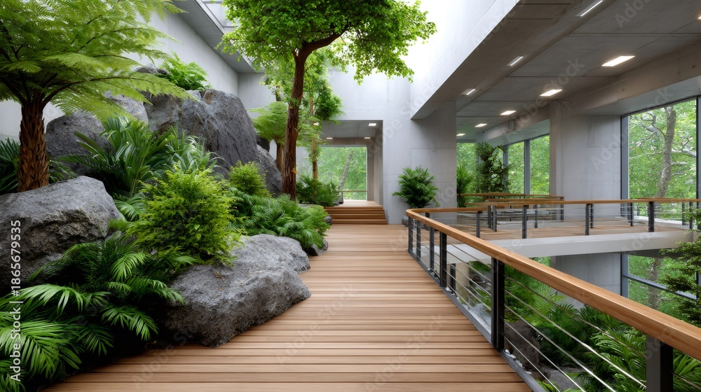 Obraz premium Modern building featuring an indoor garden and biophilic design