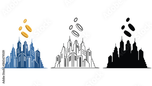 Skyscrapers with falling coins symbolizing financial growth and urban prosperity