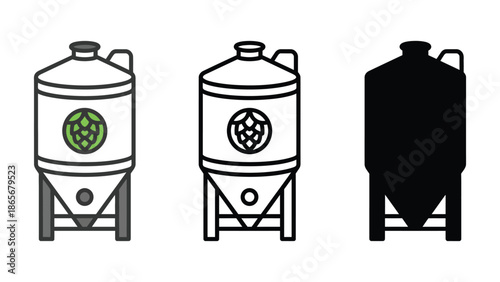 Three industrial fermentation tanks with hop icon, line art, and silhouette styles.