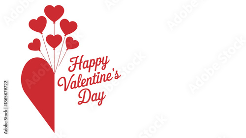 Happy valentine's day greeting card with red heart balloons on white background for love and romance