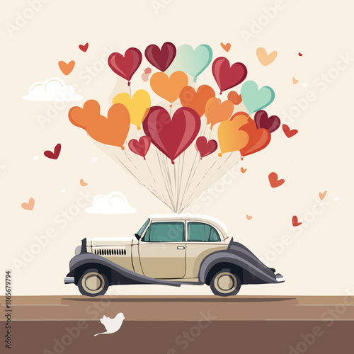 Valentine’s Day Love Car Illustration — Romantic Flat Vintage Automobile with Heart Balloons