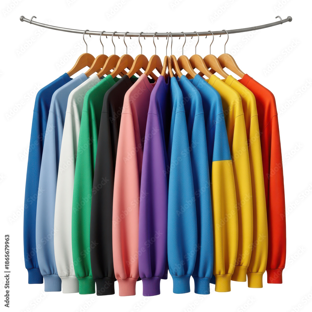 Obraz premium Multicolored sweatshirts on hangers isolated on transparent background