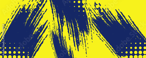 Abstract grunge background featuring bold navy blue brush strokes with halftone dot accents on a bright yellow backdrop. The expressive paint texture and high-contrast color