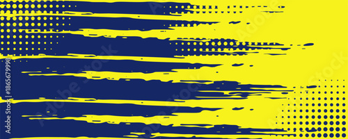 Abstract grunge background featuring bold navy blue brush strokes with halftone dot accents on a bright yellow backdrop. The expressive paint texture and high-contrast color