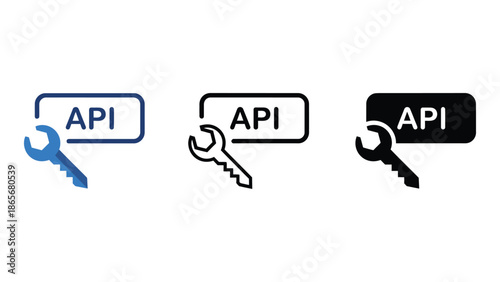 Set of three API icons with wrench and key symbols for development and integration