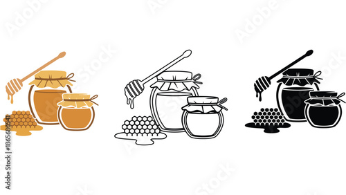 Sweet golden honey in jars with honeycomb and dipper, delicious natural food.