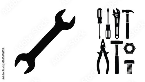 black silhouettes of various tools on white background