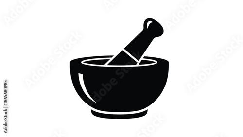 Simple black icon of a mortar and pestle on white background