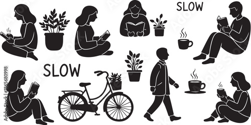 People engaging in slow lifestyle with plants and coffee