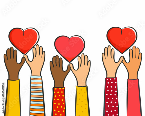 Diverse hands holding up red hearts in unity and love