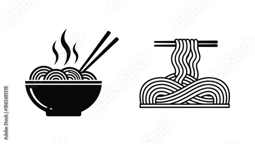 a black and white image of noodles and a bowl of noodles