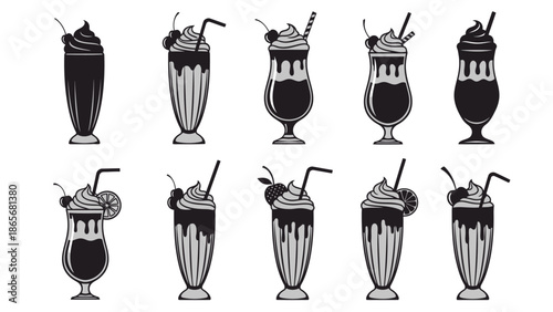 black and white milkshakes with whipped cream and cherries