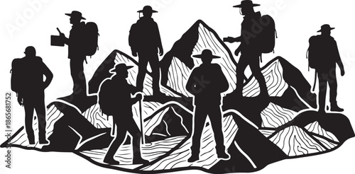 Group of Hikers Standing on Mountain Peaks in Black Silhouette
