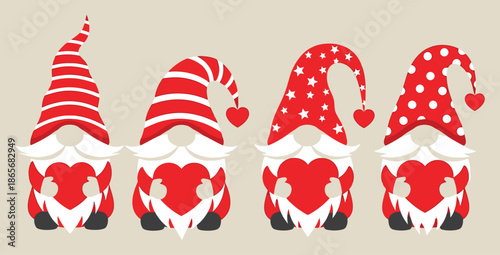 Collection of four charming flat design gnomes dressed in festive red and white attire each proudly holding a prominent bright red heart symbolizing love and holiday cheer