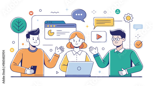 Cartoon depicting a group of people engaged in conversation, showcasing diverse expressions and gestures..eps