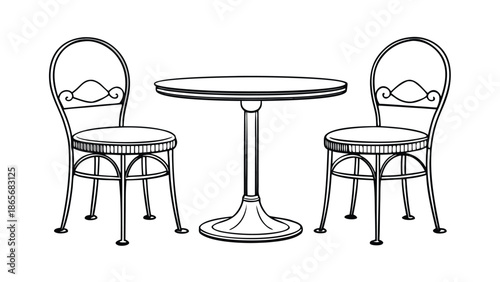 A monochrome drawing featuring a table with four chairs arranged around it..eps