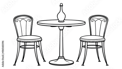 A black and white illustration depicting a simple table surrounded by four chairs..eps