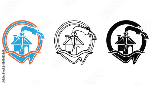 Water damage restoration service emblem showing a house with water flooding around it.