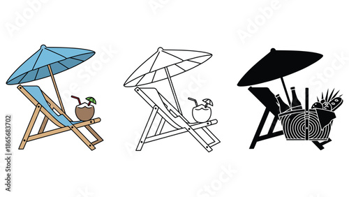 Relaxing beach scene with lounge chair, umbrella, and refreshing drinks