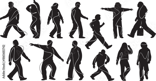 Silhouettes of people in various poses and movements