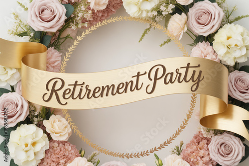 Elegant Retirement Party Banner with Beautiful Flowers and Gold Decorations