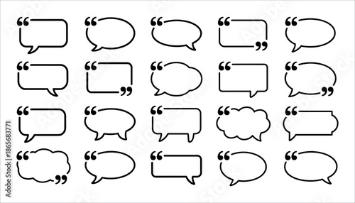 Black and white speech bubbles with quotation marks comic book style dialogue bubbles on white background 