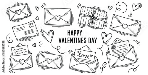 Collection of charming hand drawn valentine day envelopes and love letters scattered around a central happy valentines day greeting in a festive doodle style
