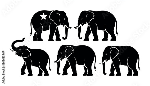 Black silhouettes of five elephants with white outlines on plain white background