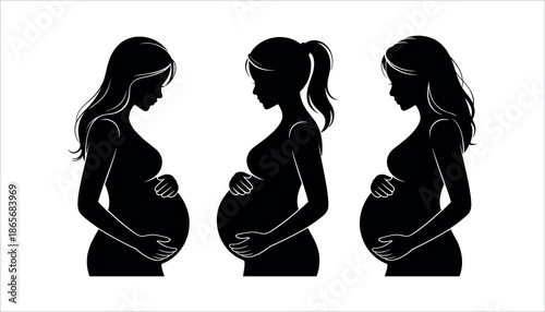 Black silhouettes of pregnant women in different poses white background maternity