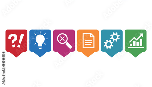 Colorful of question mark exclamation point light bulb magnifying glass document gears and graph on speech bubbles
