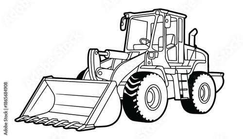 A black and white illustration of a front loader in silhouette mode