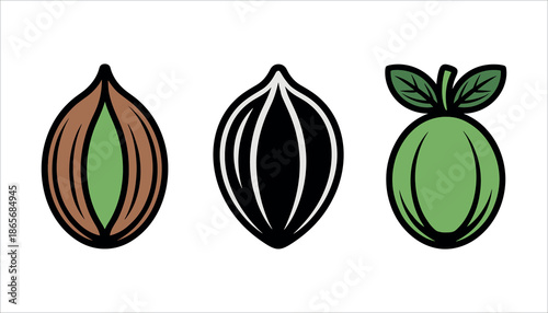 Three stylized green and brown seed pod with black outlines seed pods white background.