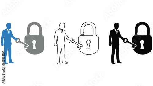 Businessman unlocks a padlock with a key, symbolizing security and access.